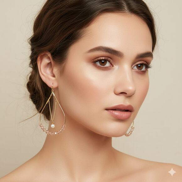 Mia Gold Faux Pearl & Bead Teardrop Dangle Hook Earrings Handmade Kim Min Sun - Picture 1 of 8